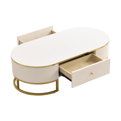 Oval Coffee Table — Gold Accents & Drawers