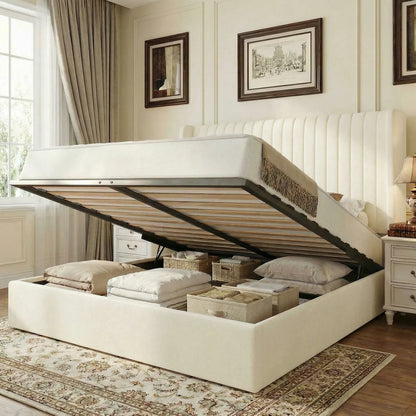 Lift-Up Storage Bed Frame with Velvet Headboard