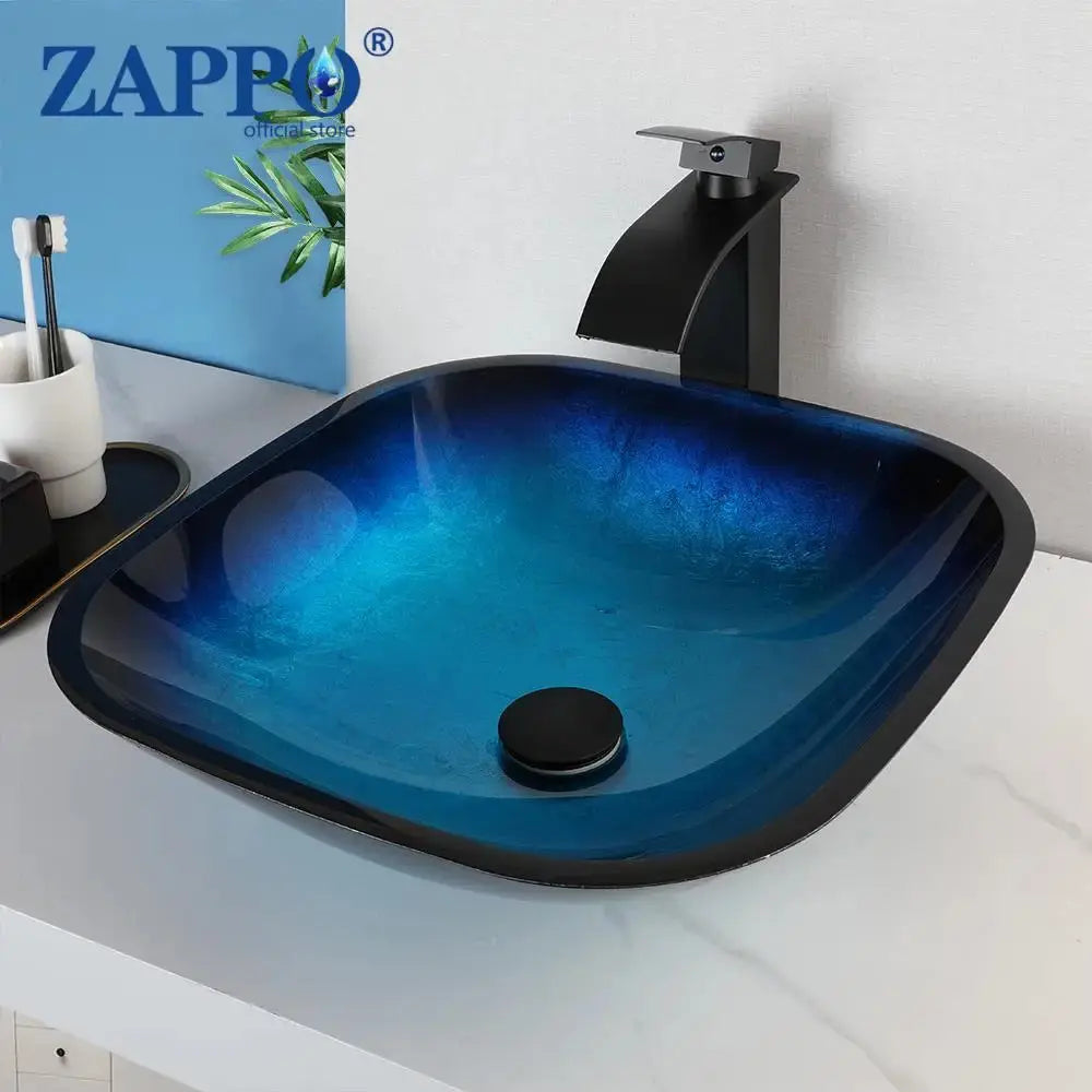 Hand-Painted Tempered Glass Vessel Sink with Waterfall Black Faucet | 22" Countertop Bathroom Sink comfydesigners
