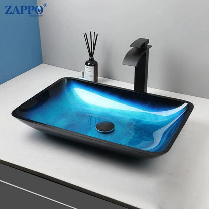 Hand-Painted Tempered Glass Vessel Sink with Waterfall Black Faucet | 22" Countertop Bathroom Sink comfydesigners