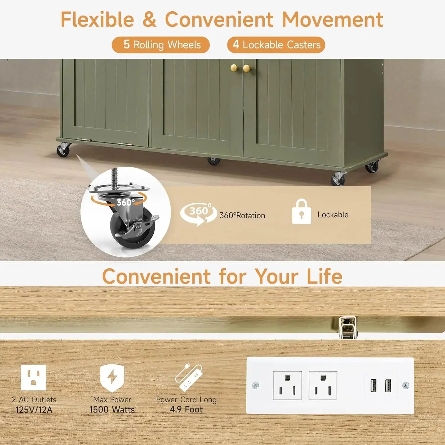 Rolling Versatile Kitchen Island with Power Outlet & Drop Leaf comfydesigners