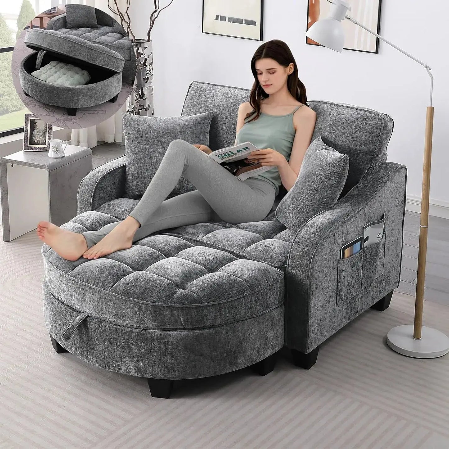Oversized Chenille Chaise Lounge with Ottoman comfydesigners