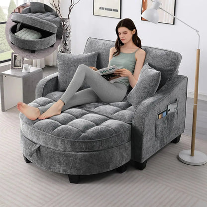 Oversized Chenille Chaise Lounge with Ottoman comfydesigners