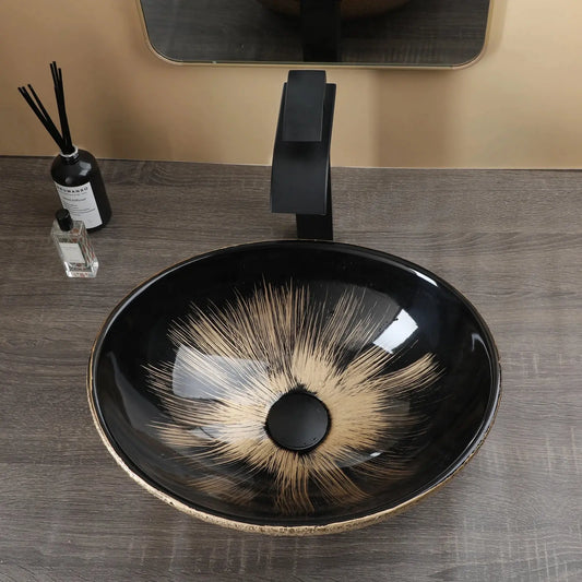Marble Ceramic Vessel Sink – Antique Brass Faucet – Image 2 of 11 | Comfy Designers