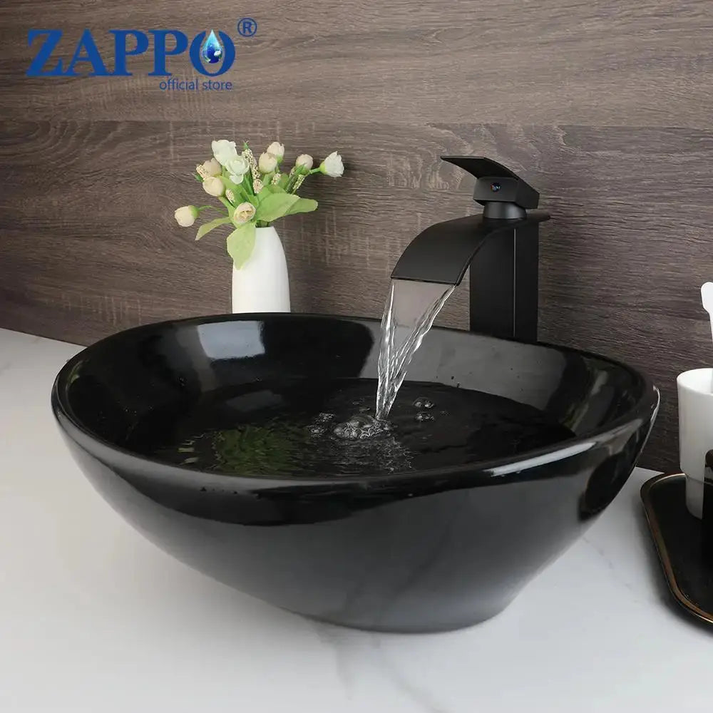 Hand-Painted Marble Ceramic Vessel Sink with Antique Brass Waterfall Faucet | Countertop Bathroom Sink comfydesigners