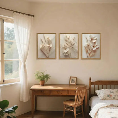 3-Piece Framed Floral Canvas Wall Art | Textured Abstract Botanical Prints, Neutral Beige comfydesigners