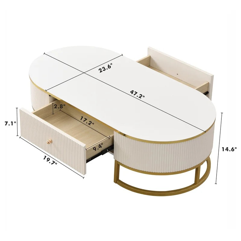 Oval Coffee Table — Gold Accents & Drawers