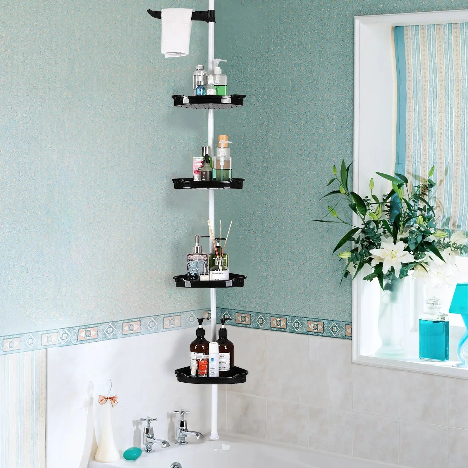 Your Shower. Finally Organized. — 4-Tier Tension Pole Corner Shower Caddy with Self-Draining Shelves comfydesigners