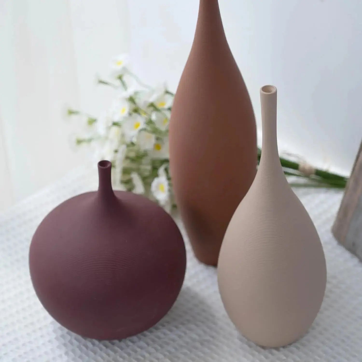 Trio of Earth-Tone Ribbed Ceramic Vases comfydesigners