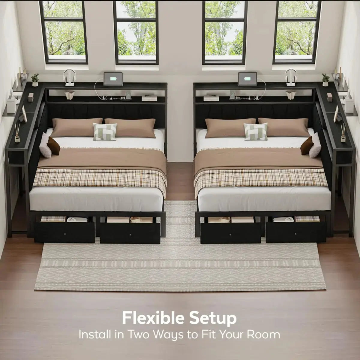 The Bed That Thought of Everything — Queen Corner Frame with Storage Drawers, LED & Charging Station comfydesigners