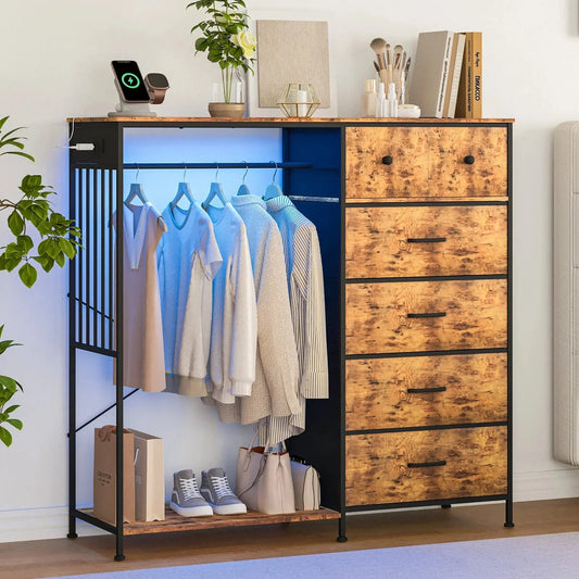 Your Bedroom's New Overachiever — 6-Drawer Dresser with Hanging Rack, LED Lights & Charging Station comfydesigners