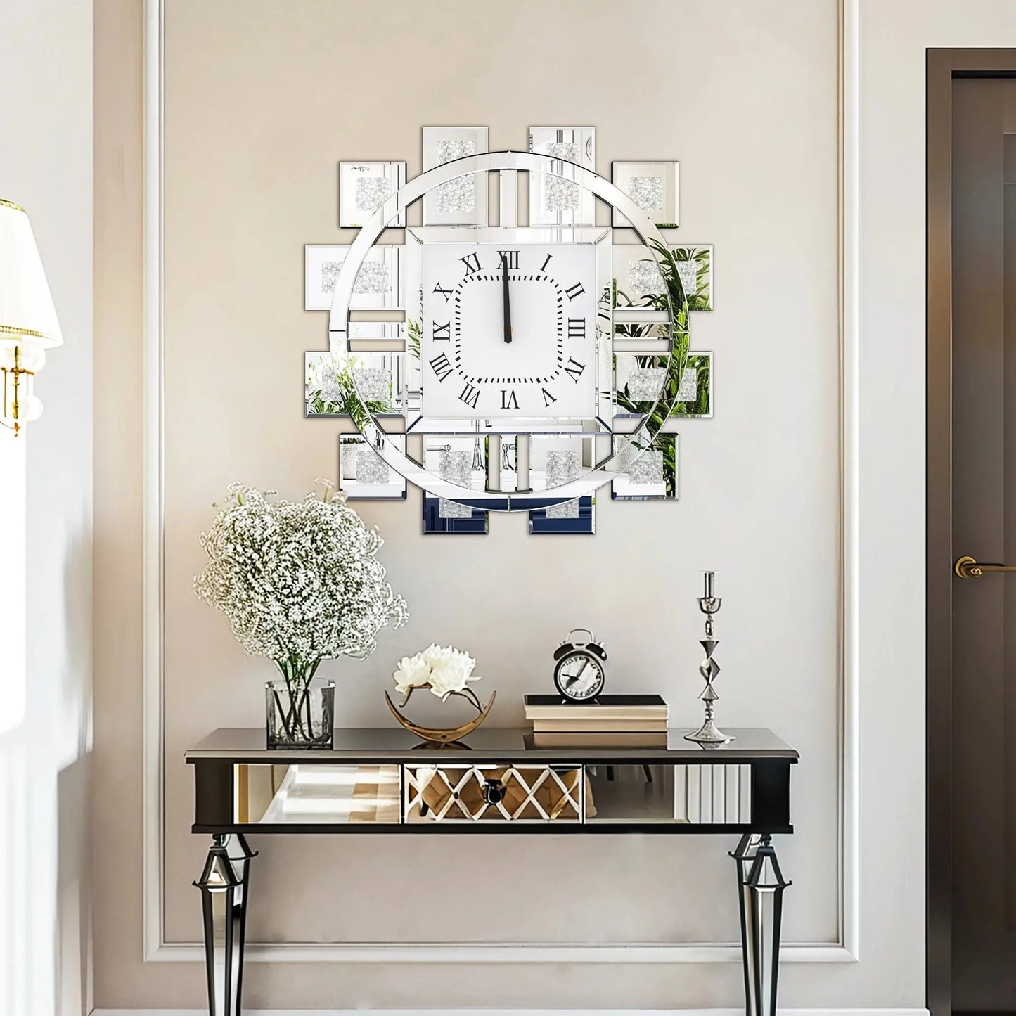 Crushed Diamond Mirrored Silent Wall Clock comfydesigners