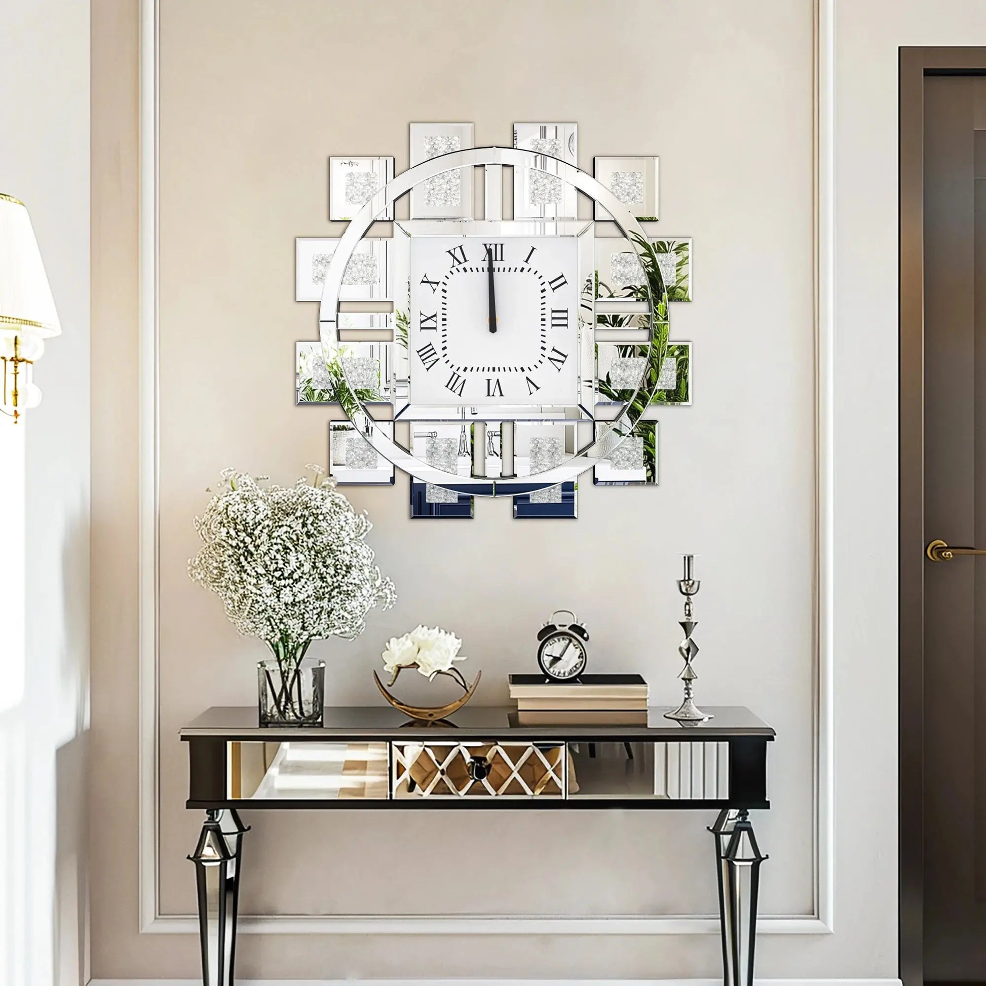 Crushed Diamond Mirrored Silent Wall Clock comfydesigners