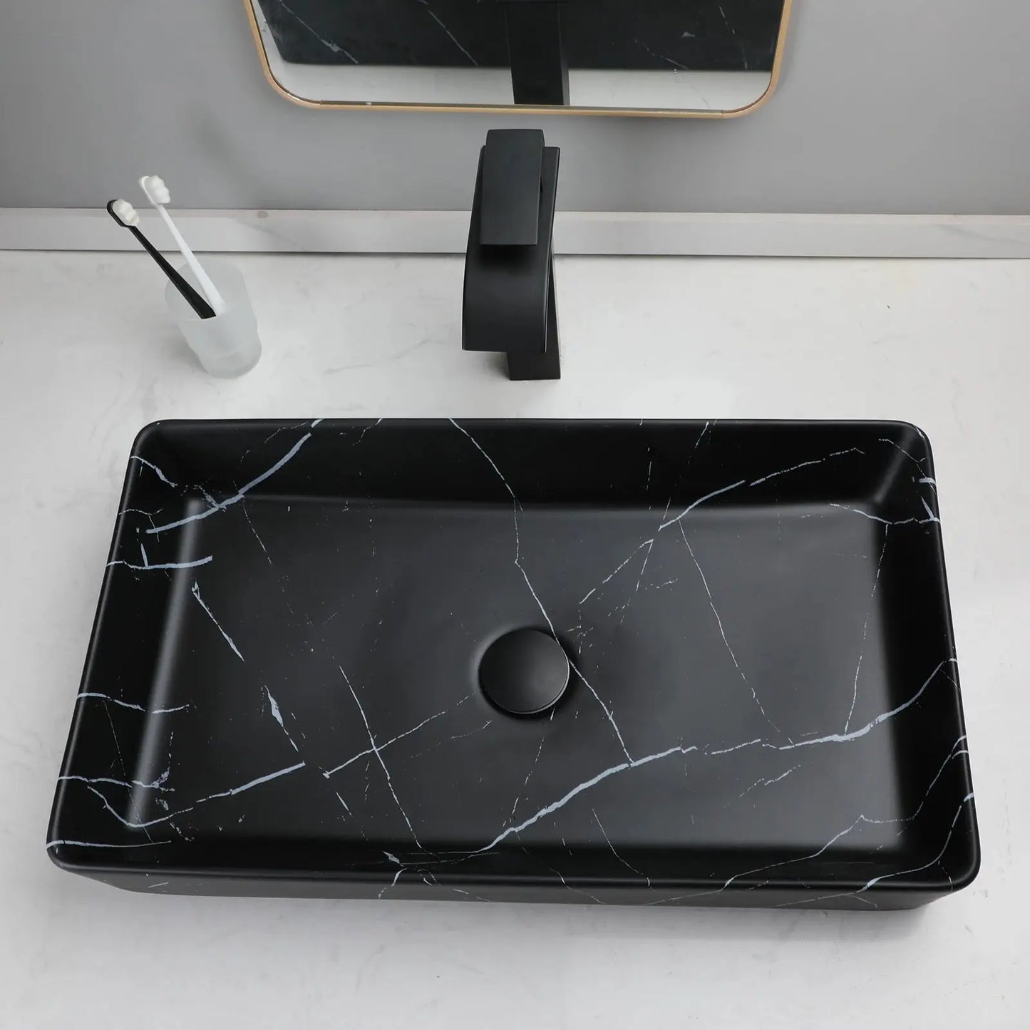 Rectangular Black Marble Ceramic Vessel Sink | Above-Counter Countertop Bathroom Vanity Sink comfydesigners