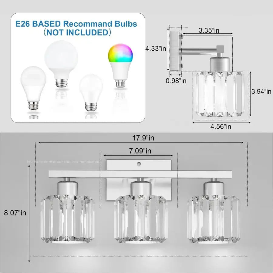 3Light Bathroom Light Fixtures Over Mirror, Brushed Nickel Crystal comfydesigners