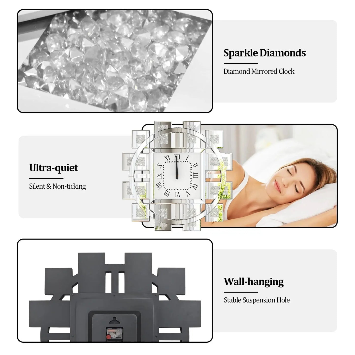 Crushed Diamond Mirrored Silent Wall Clock comfydesigners