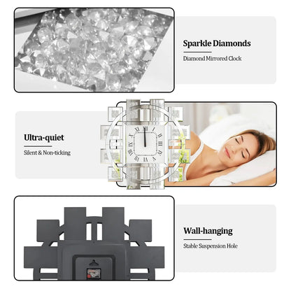 Crushed Diamond Mirrored Silent Wall Clock comfydesigners