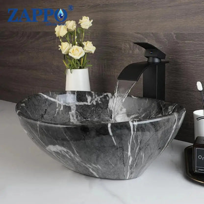 Hand-Painted Marble Ceramic Vessel Sink with Antique Brass Waterfall Faucet | Countertop Bathroom Sink comfydesigners
