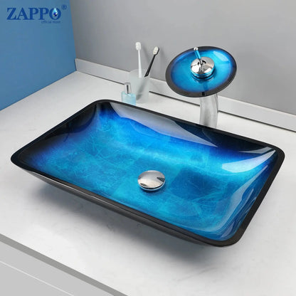 Hand-Painted Tempered Glass Vessel Sink with Waterfall Black Faucet | 22" Countertop Bathroom Sink comfydesigners