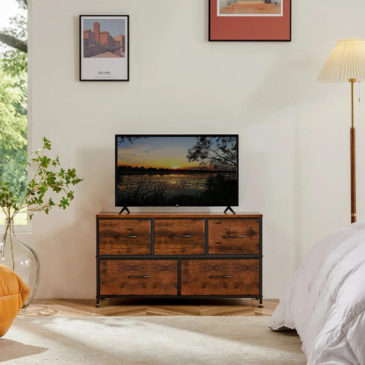 Refined Storage for the Modern Home — 5-Drawer Fabric Dresser with Steel Frame & Wooden Top comfydesigners