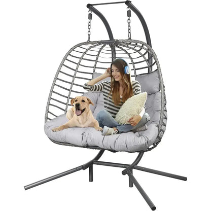 Double Hanging Egg Chair with Stand | 2-Person Indoor & Outdoor Wicker Swing Chair comfydesigners