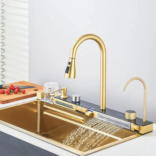 Waterfall Kitchen Sink Set with Built-In Water Purifier | Stainless Steel, Digital Display & Slide Rail — 3 Finishes comfydesigners