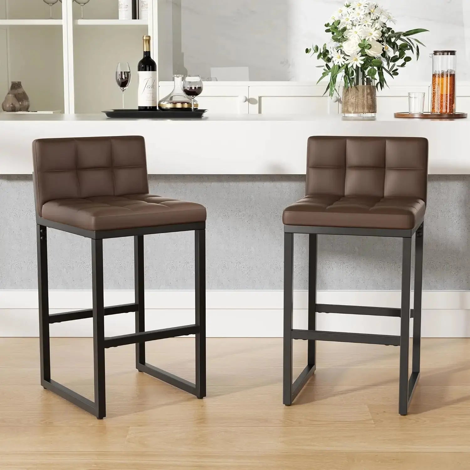 Modern Faux Leather Counter Height Bar Stools with Low Back and Footrest, Set of 2 comfydesigners