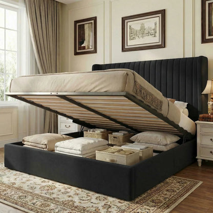 Lift-Up Storage Bed Frame with Velvet Headboard