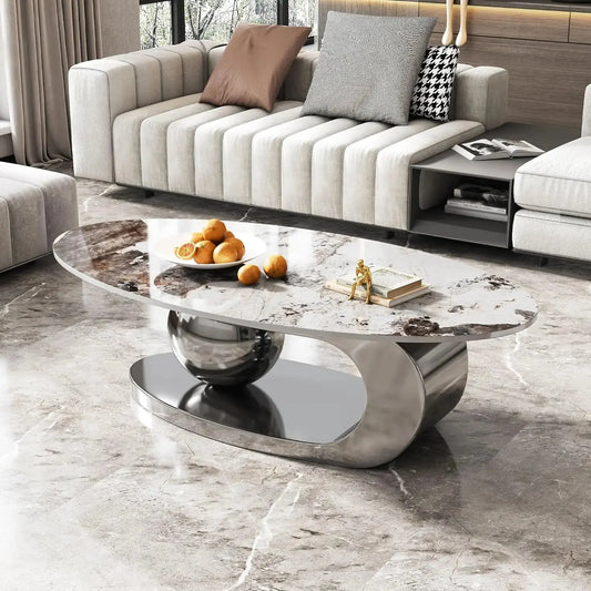 Oval Living Room Table with Faux Marble Top & Silver Stainless Steel Pedestal comfydesigners