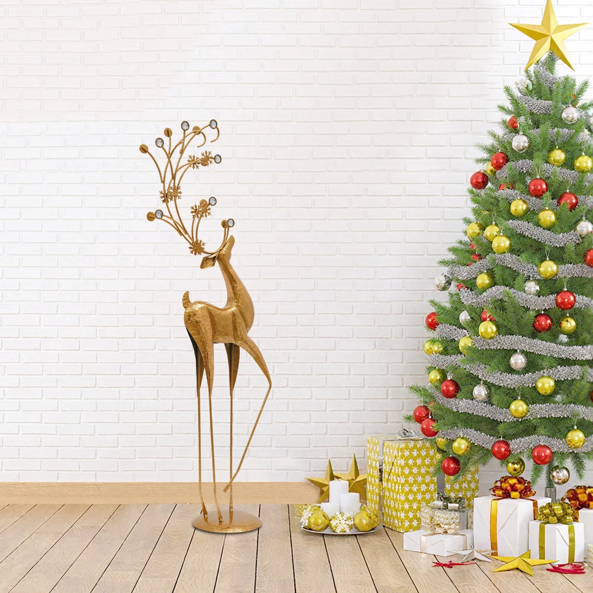 Retro Gold Deer Statue Metal Reindeer Figurines Modern Elegant Indoor Holiday Decor Statue for Homes Offices Cafés Star Hotels 27*13*85Cm/10.63*5.12*33.46In