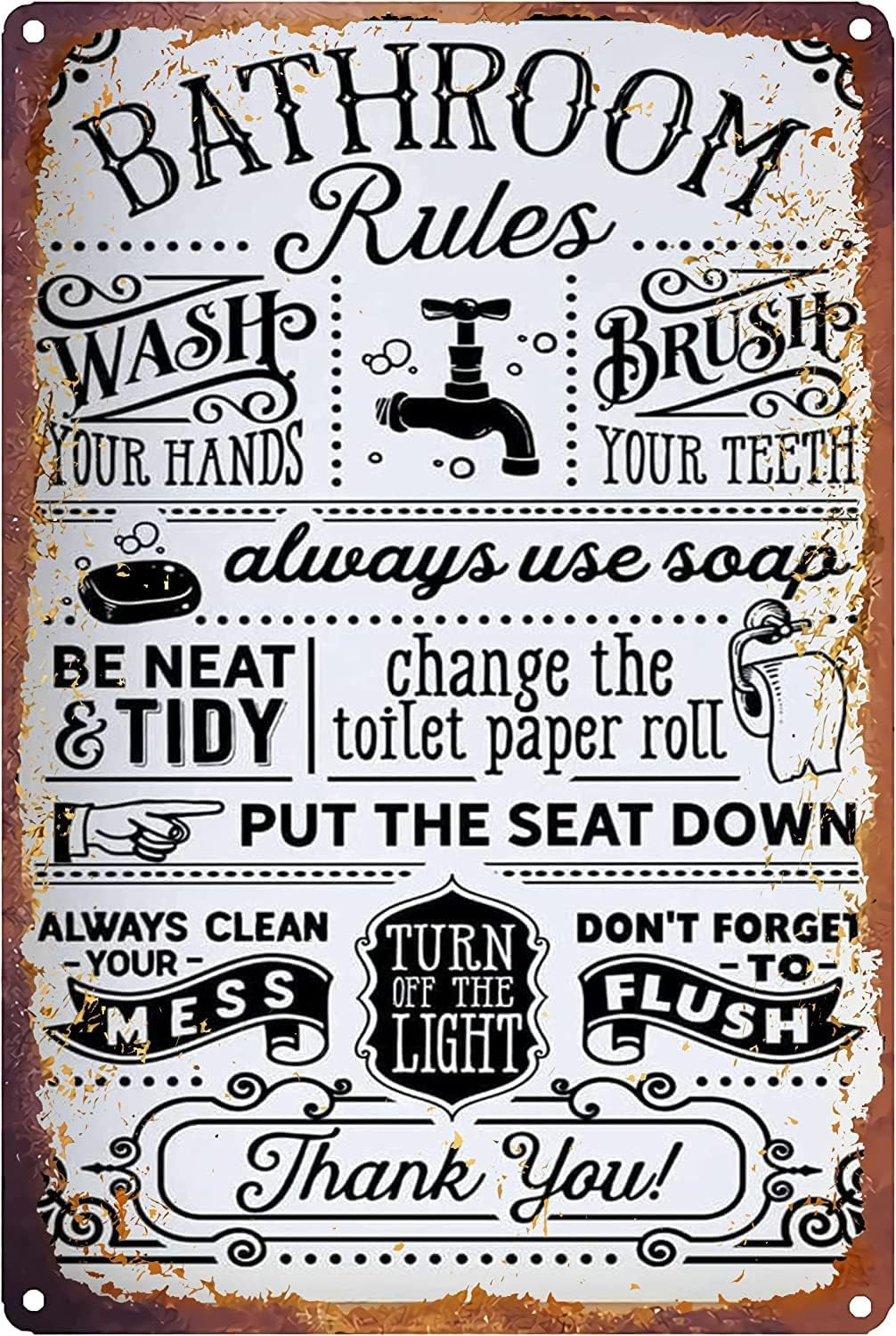 Funny Bathroom Rules Metal Sign, 8x12