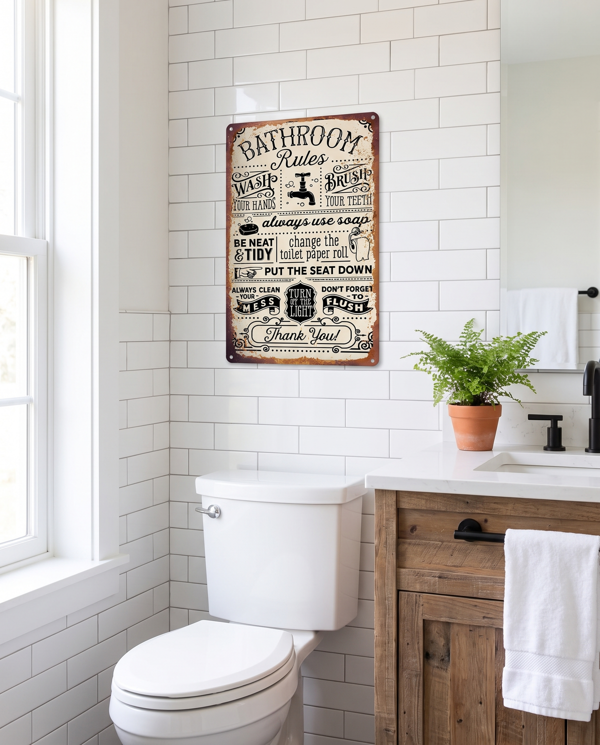 Funny Bathroom Rules Metal Sign, 8x12