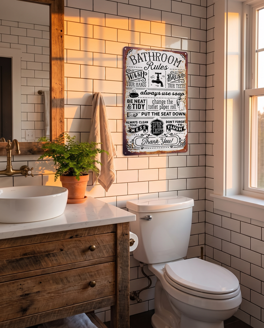 Funny Bathroom Rules Metal Sign, 8x12