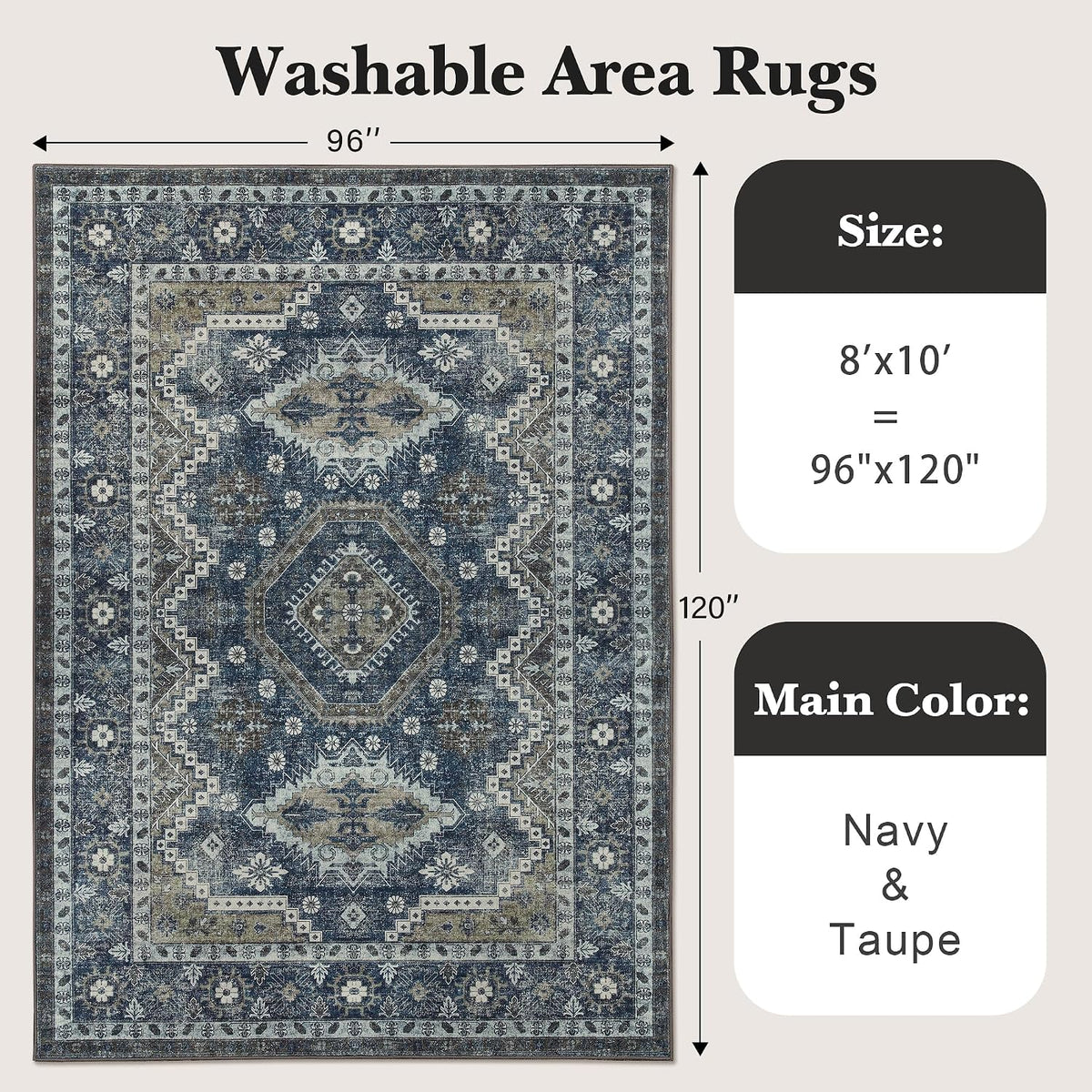 Vintage Washable Area Rug, 8x10, Navy