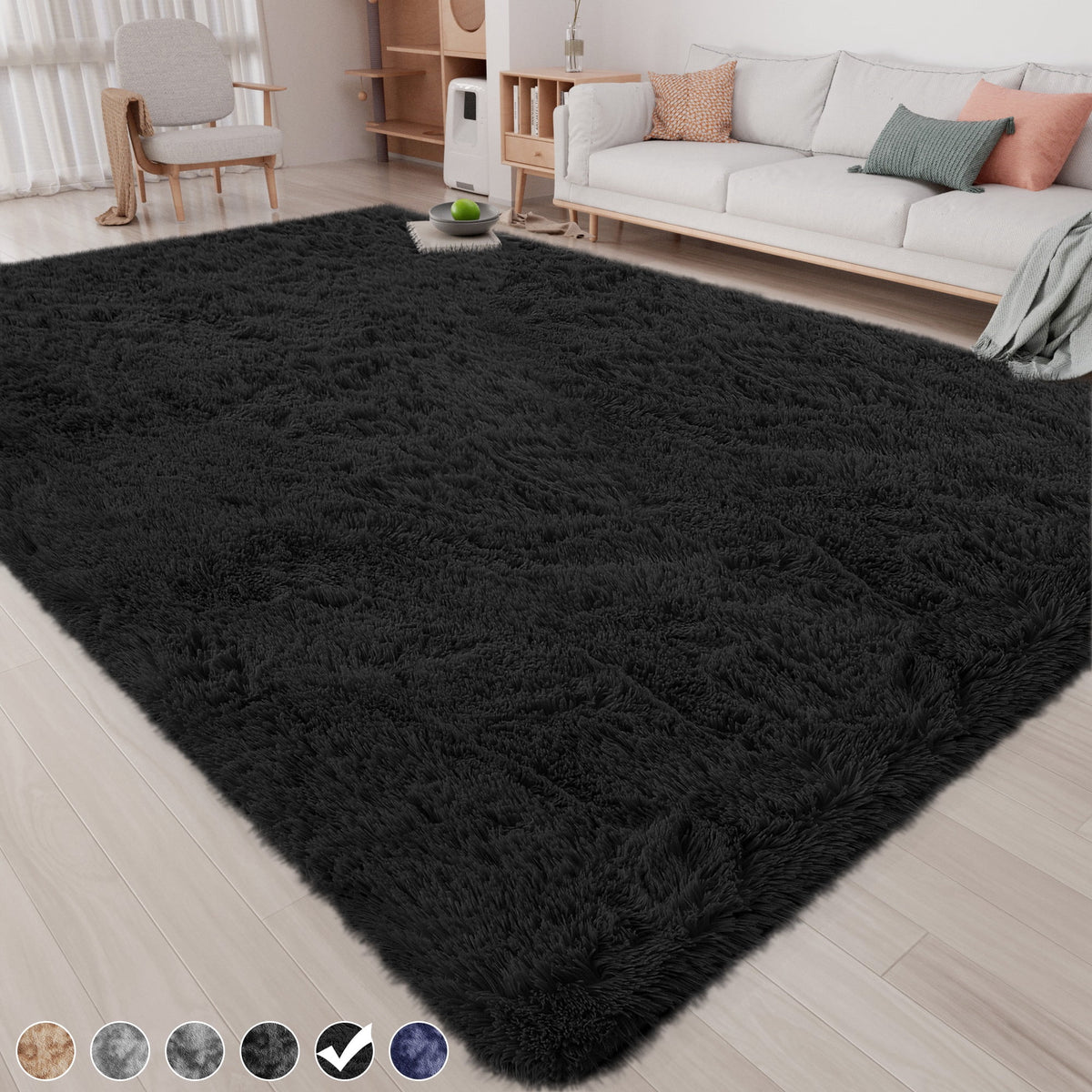 Plush Shag Area Rug, 8x10, Black