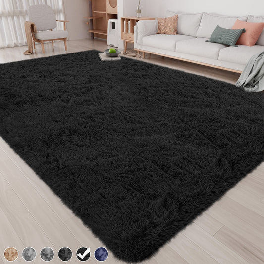 Plush Shag Area Rug, 8x10, Black