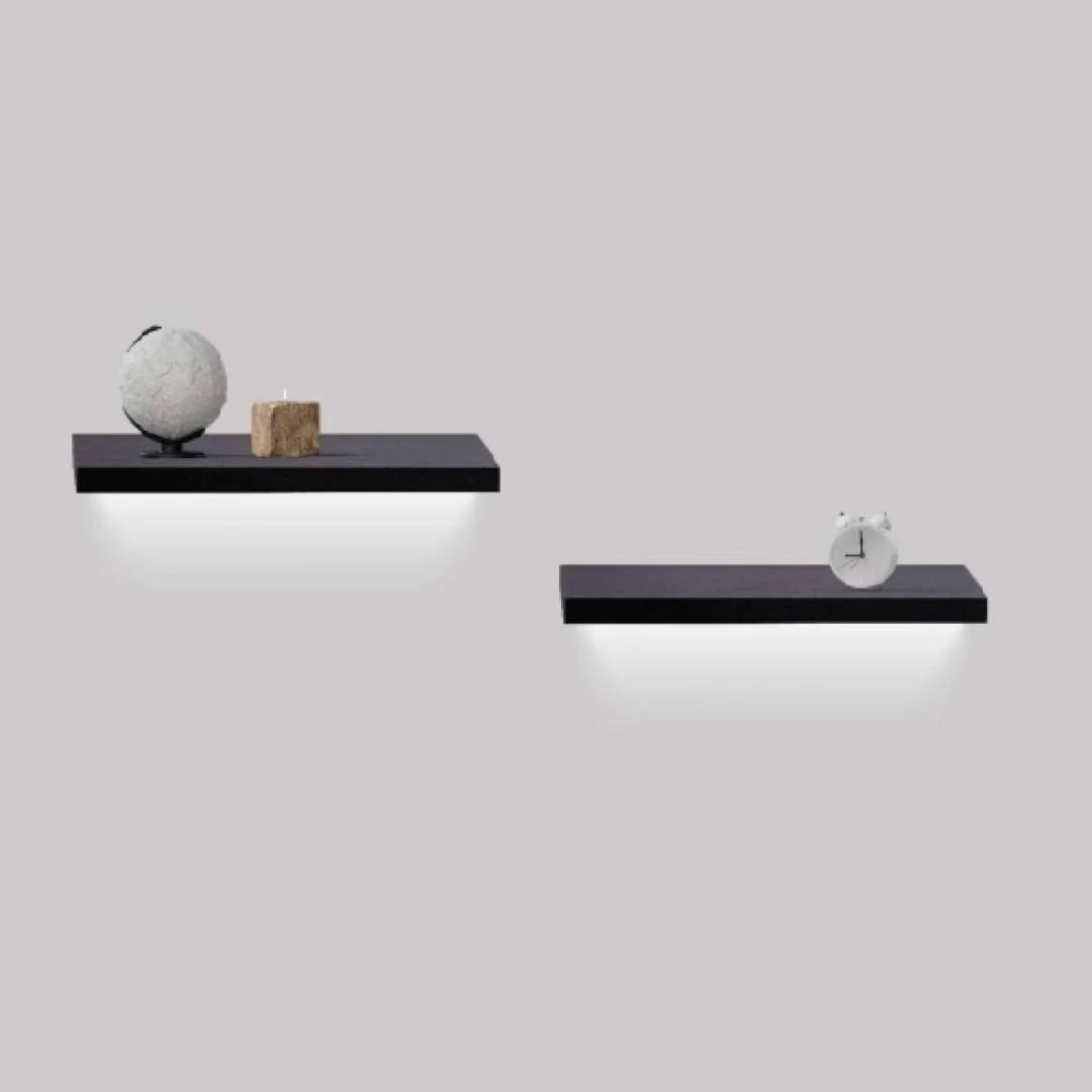Floating Shelves 15.75 Wall Mounted Wood Shelves for Bathroom, Bedroom, Living Room, Kitchen, Hanging Shelf for Books Storage Decor with Invisible Brackets, Built-In LED Lighting, Black
