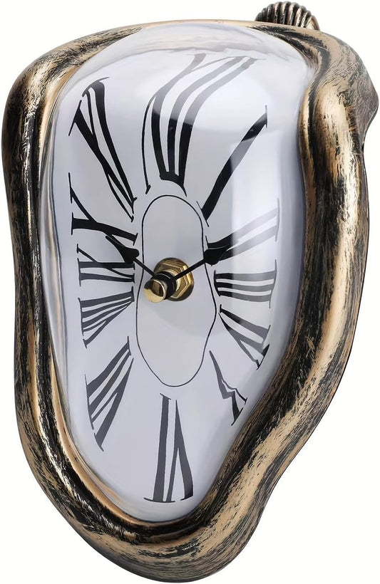 Melting Clock Dali Melted Clock Gift Decor Art Inspired Wall Clock Twisted Shelf Hanging Surrealist for Decorative Shop Office Home Desk Roman (Antique Gold)