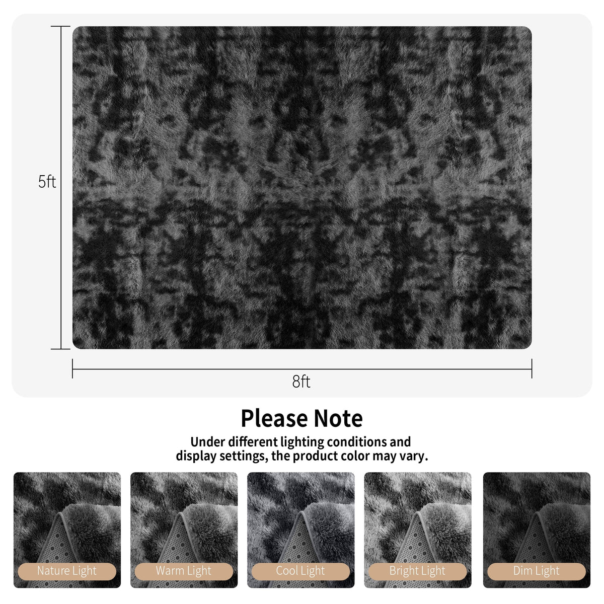 Plush Shag Area Rug, 5x8, Black Gray