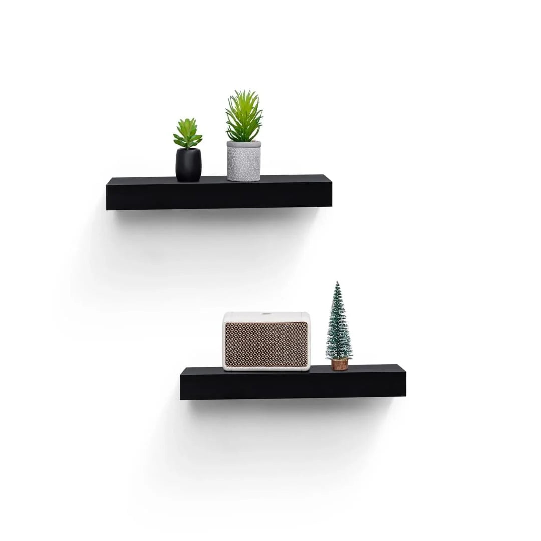Floating Shelves 15.75 Wall Mounted Wood Shelves for Bathroom, Bedroom, Living Room, Kitchen, Hanging Shelf for Books Storage Decor with Invisible Brackets, Built-In LED Lighting, Black