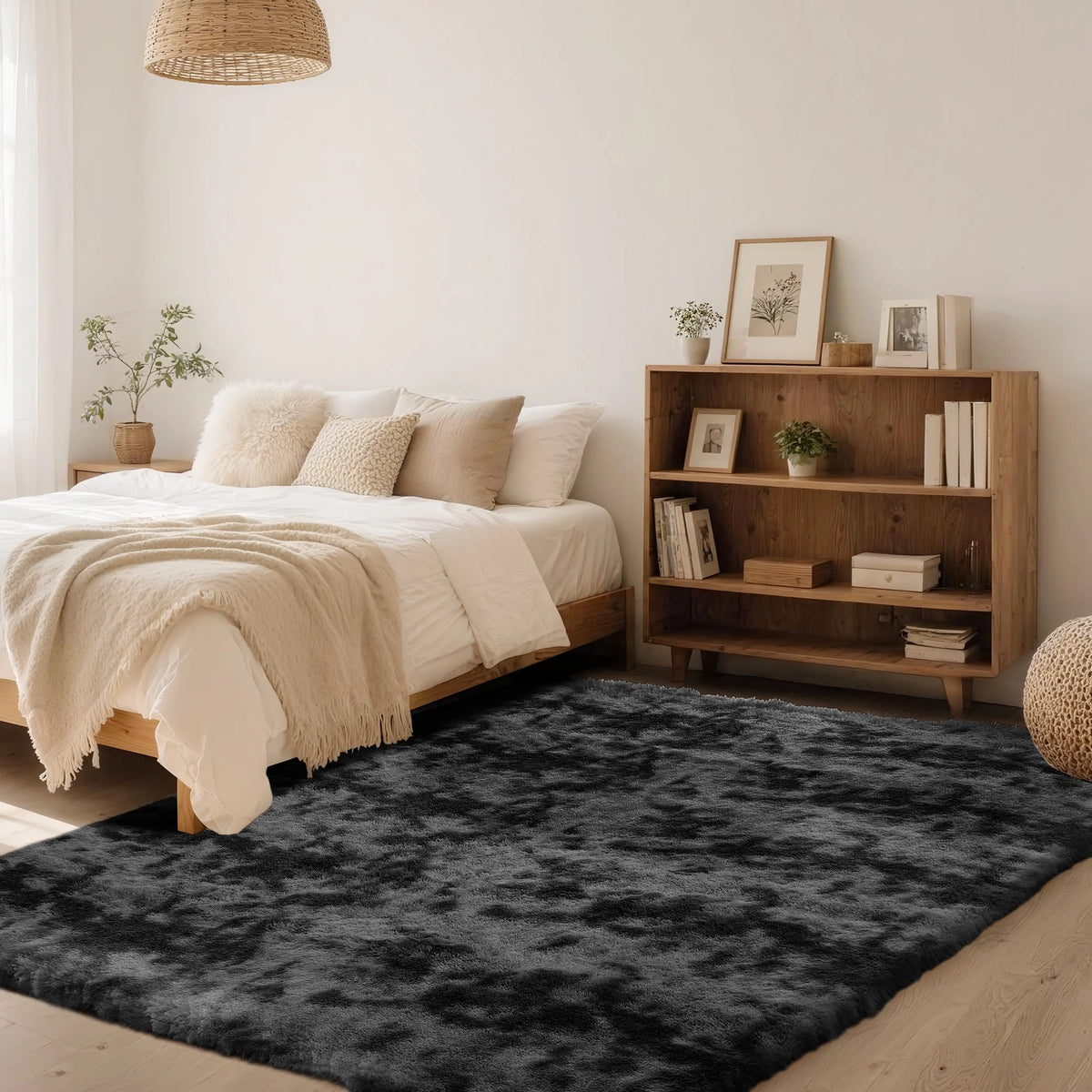 Plush Shag Area Rug, 5x8, Black Gray