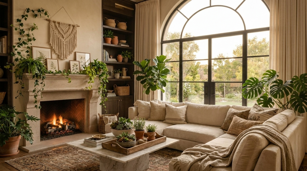 Cozy living room styled with Comfy Designers home decor and furniture including a mirror, throw pillows, and warm accent lighting